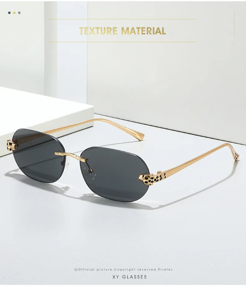 Luxury Brand Rimless Sunglasses Men Women Fashion Cheetah Decoration Metal Shades Frameless UV400 Shades Street Photography