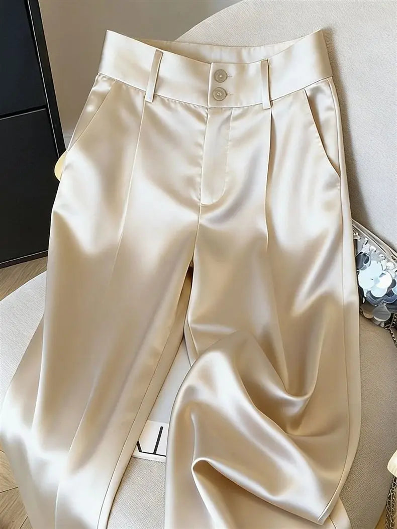 Silk Women's Pants Solid Color Champagne Ladies with Wide Leg Pants New High Waist Breathable Satin Summer Suit Women's Pants