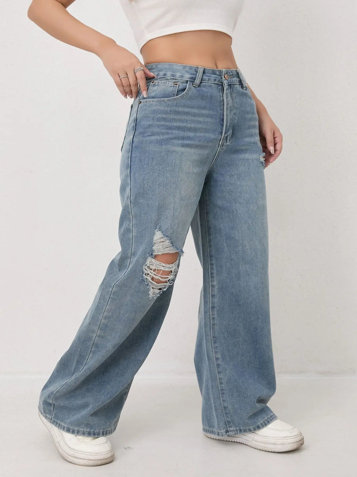 Wide Leg Distressed Straight Jeans for Women Elastic Casual Bootcut Denim Pants Bestseller Fashionable Ladies Jeans