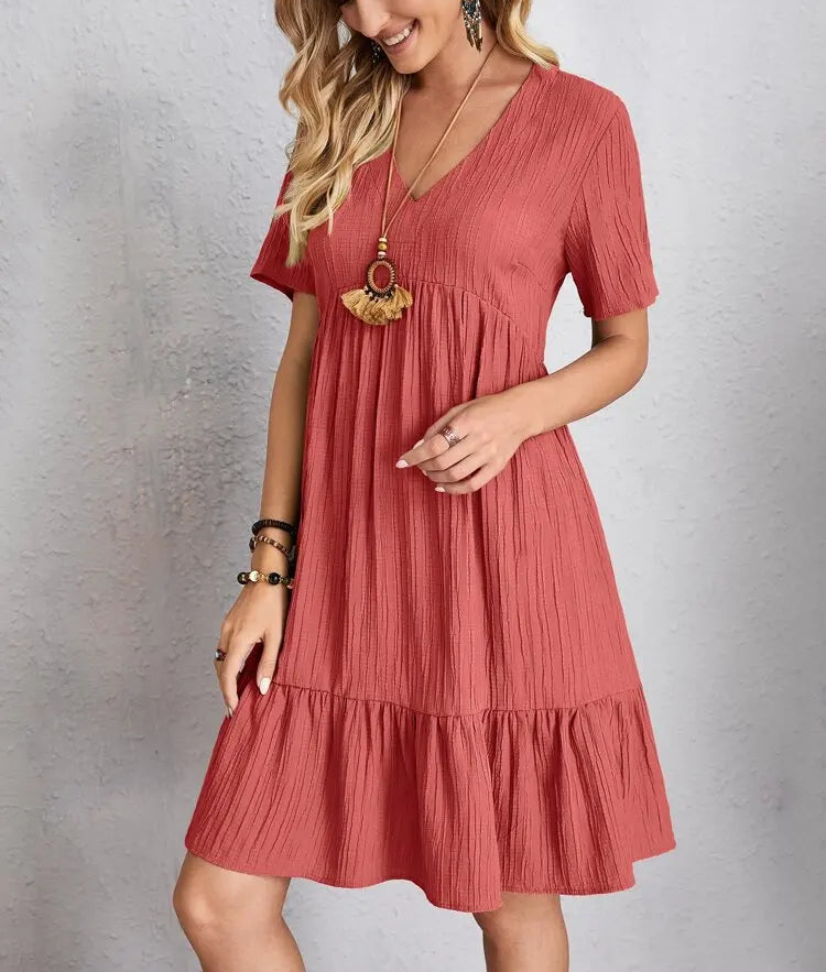 Elegant Solid V Neck A Line Dress 2024 New Summer Ruffles Loose Mini Dress Casual Short Sleeve Beach Party Vestidos Streetwear