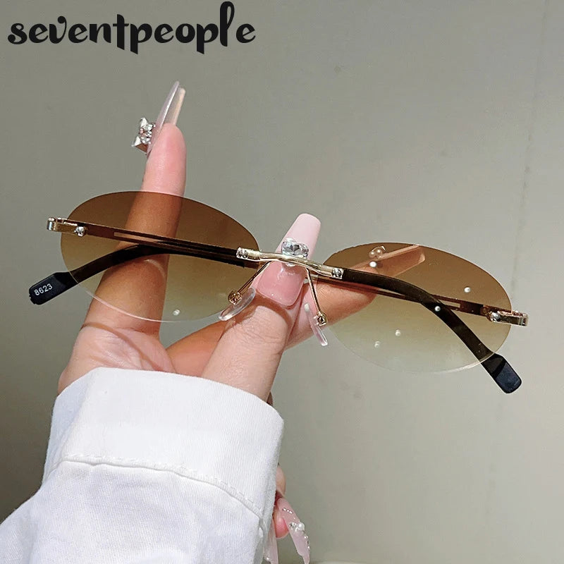 Rimless Oval Sunglasses Women 2026 Luxury Brand Vintage Small Frame Gold Metal Gradient Lens Y2K Punk Streetwear Fashion Eyewear
