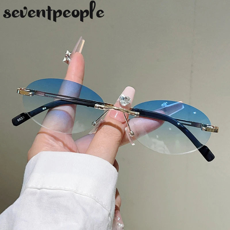 Rimless Oval Sunglasses Women 2026 Luxury Brand Vintage Small Frame Gold Metal Gradient Lens Y2K Punk Streetwear Fashion Eyewear