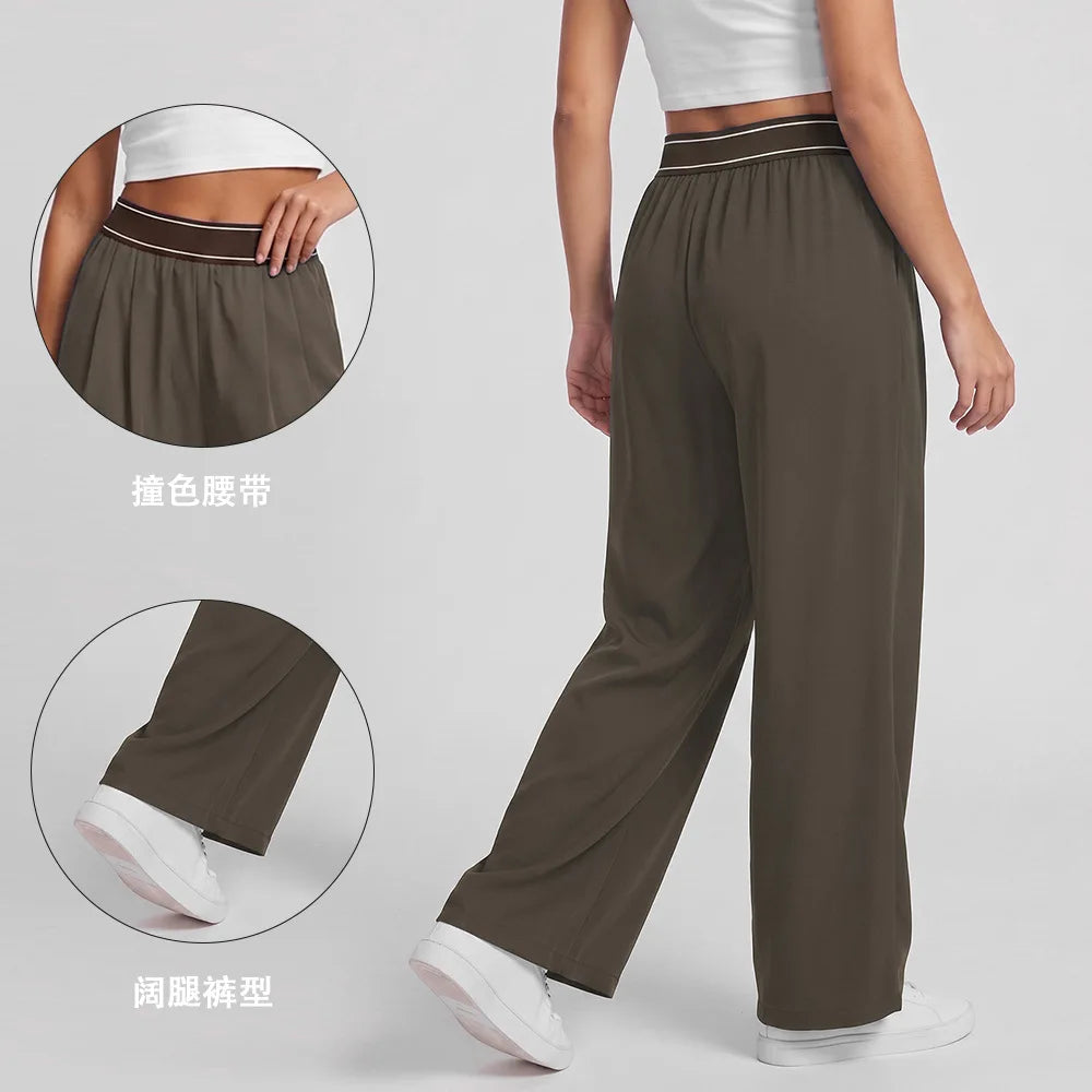 Women Sport Pants Quick Dry Wide Leg Athletic Pant Elastic High Waist Pleated Straight Trousers With Pockets Loose Fit Workout