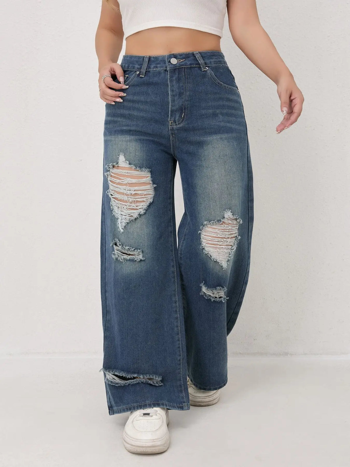 Wide Leg Distressed Straight Jeans for Women Elastic Casual Bootcut Denim Pants Bestseller Fashionable Ladies Jeans