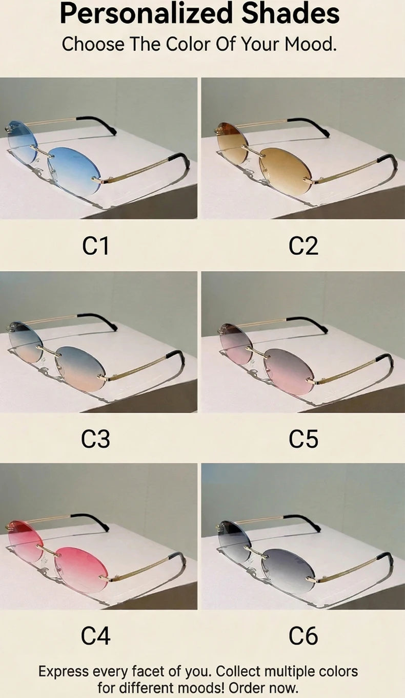 Rimless Oval Sunglasses Women 2026 Luxury Brand Vintage Small Frame Gold Metal Gradient Lens Y2K Punk Streetwear Fashion Eyewear
