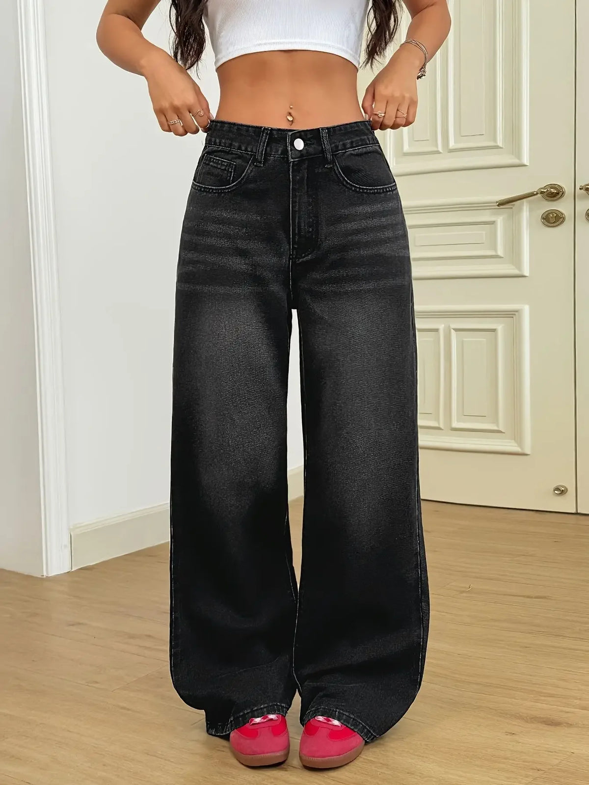 Wide Leg Distressed Straight Jeans for Women Elastic Casual Bootcut Denim Pants Bestseller Fashionable Ladies Jeans