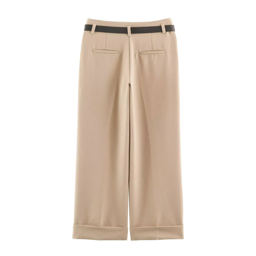 BSAY Women Solid Color Wide Leg Pants High Waist Turn Up Cuff Hem With Metal Buckle Belt Elegant Commuter Casual Long Trousers