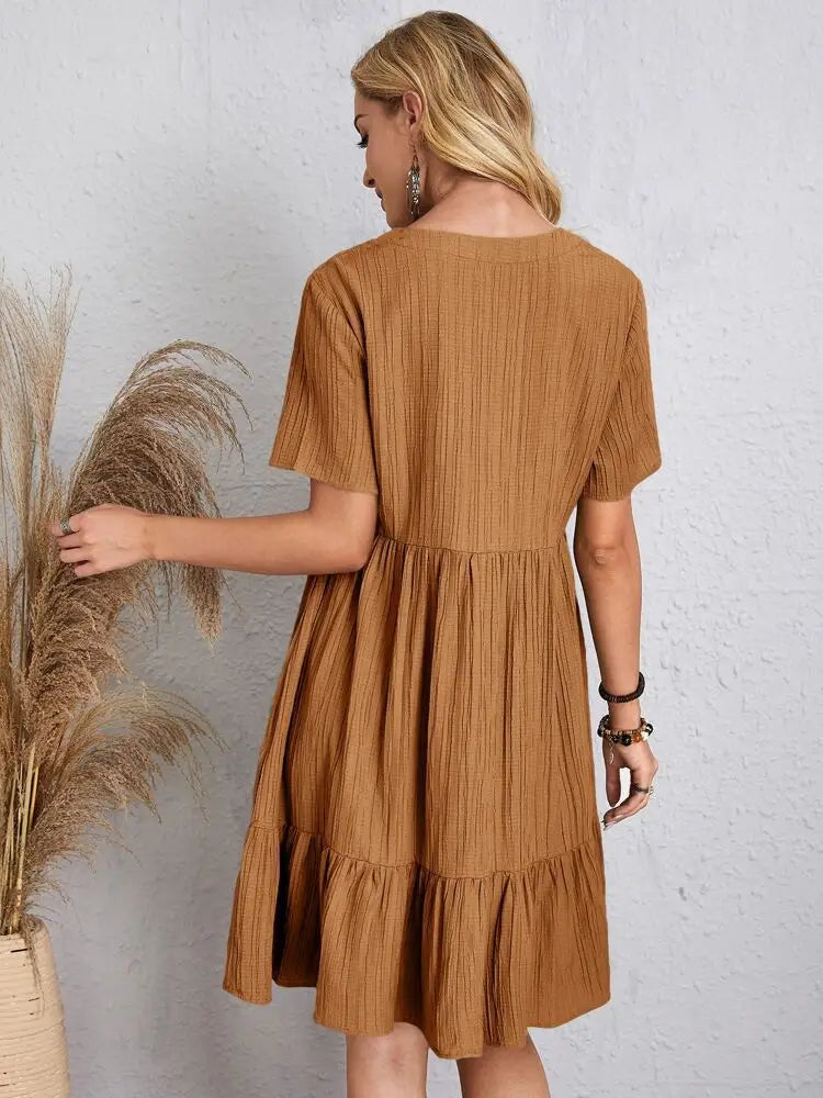 Elegant Solid V Neck A Line Dress 2024 New Summer Ruffles Loose Mini Dress Casual Short Sleeve Beach Party Vestidos Streetwear