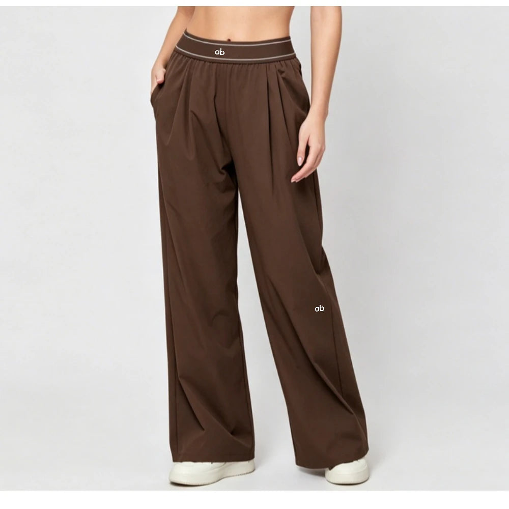 Women Sport Pants Quick Dry Wide Leg Athletic Pant Elastic High Waist Pleated Straight Trousers With Pockets Loose Fit Workout