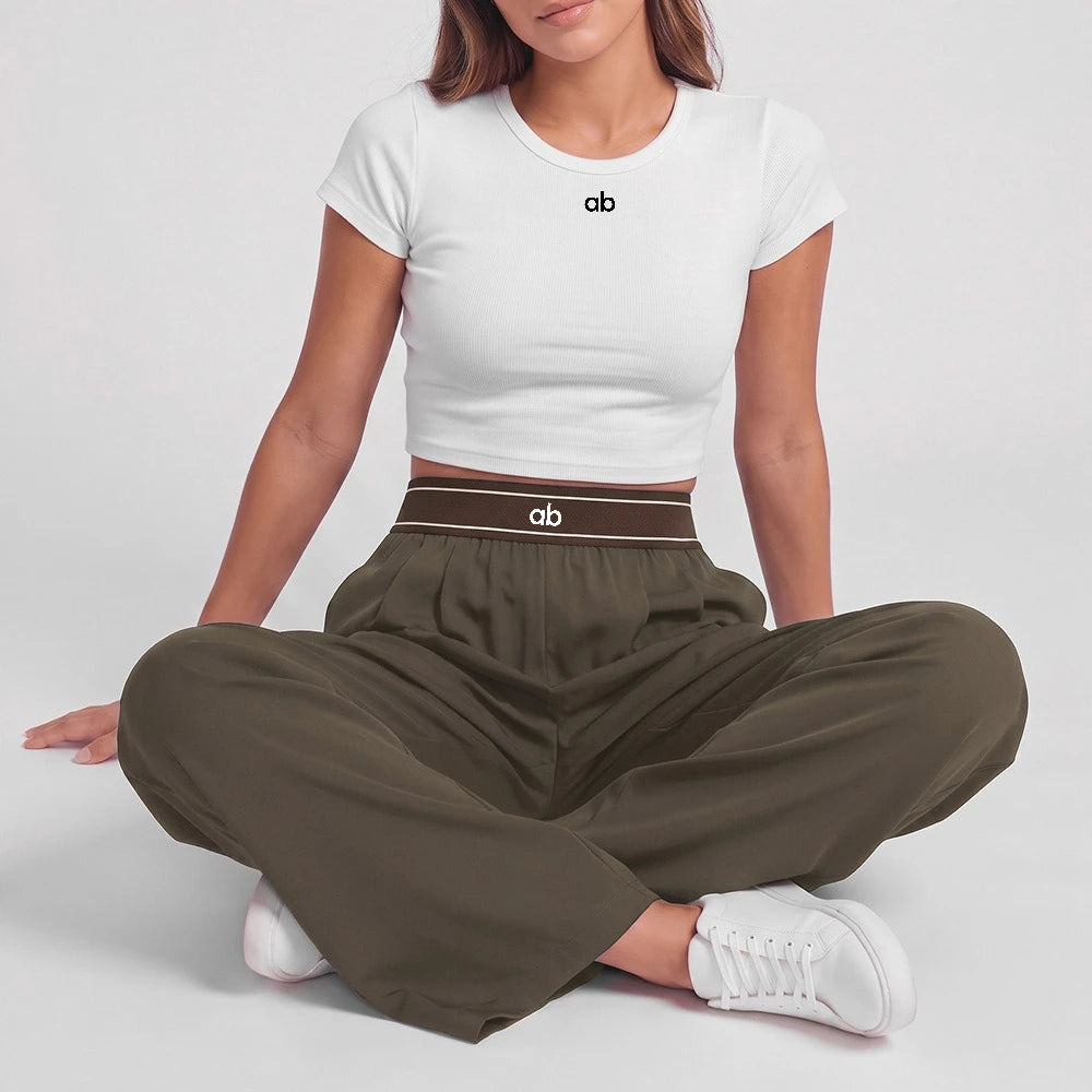 Women Sport Pants Quick Dry Wide Leg Athletic Pant Elastic High Waist Pleated Straight Trousers With Pockets Loose Fit Workout