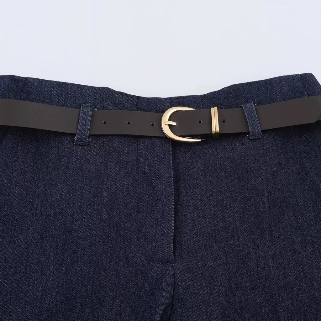BSAY Women Solid Color Wide Leg Pants High Waist Turn Up Cuff Hem With Metal Buckle Belt Elegant Commuter Casual Long Trousers