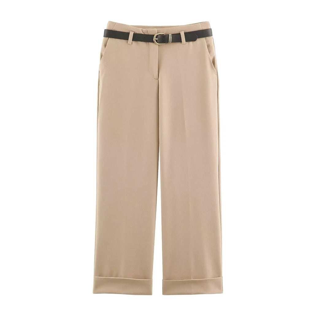 BSAY Women Solid Color Wide Leg Pants High Waist Turn Up Cuff Hem With Metal Buckle Belt Elegant Commuter Casual Long Trousers