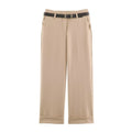BSAY Women Solid Color Wide Leg Pants High Waist Turn Up Cuff Hem With Metal Buckle Belt Elegant Commuter Casual Long Trousers