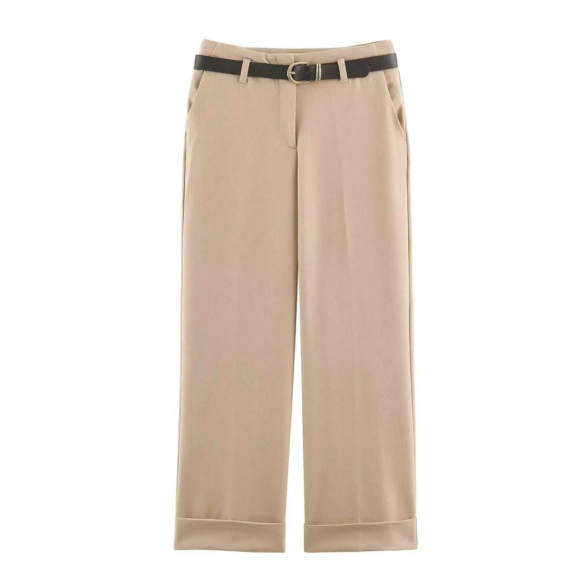 BSAY Women Solid Color Wide Leg Pants High Waist Turn Up Cuff Hem With Metal Buckle Belt Elegant Commuter Casual Long Trousers