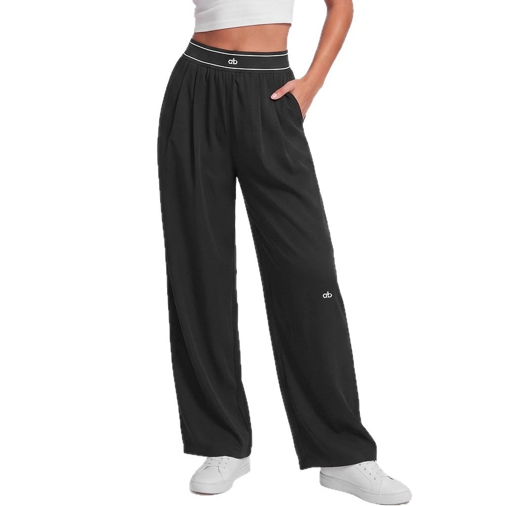 Women Sport Pants Quick Dry Wide Leg Athletic Pant Elastic High Waist Pleated Straight Trousers With Pockets Loose Fit Workout