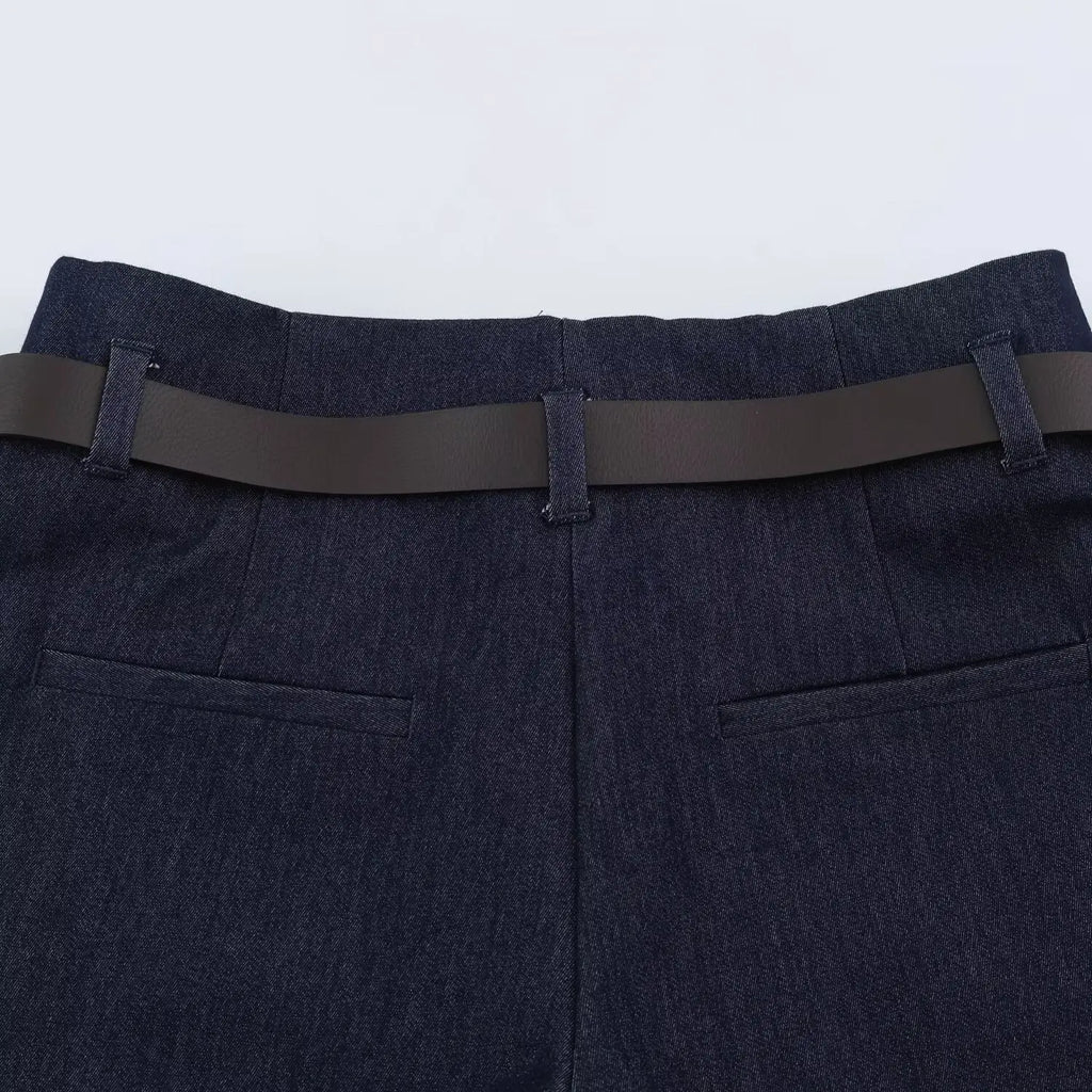 BSAY Women Solid Color Wide Leg Pants High Waist Turn Up Cuff Hem With Metal Buckle Belt Elegant Commuter Casual Long Trousers