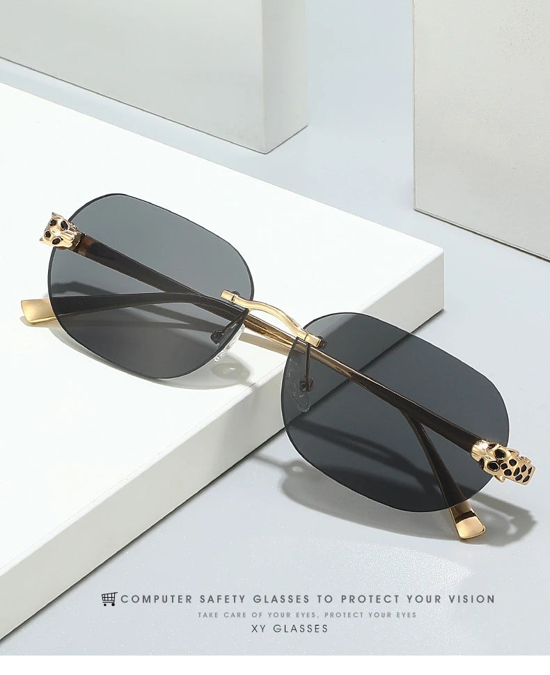 Luxury Brand Rimless Sunglasses Men Women Fashion Cheetah Decoration Metal Shades Frameless UV400 Shades Street Photography