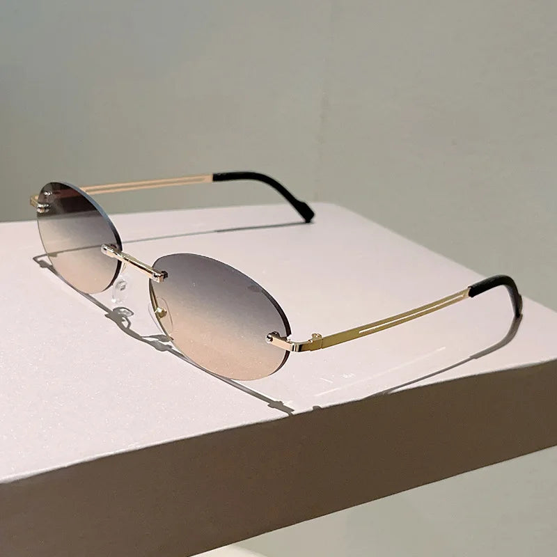 Rimless Oval Sunglasses Women 2026 Luxury Brand Vintage Small Frame Gold Metal Gradient Lens Y2K Punk Streetwear Fashion Eyewear