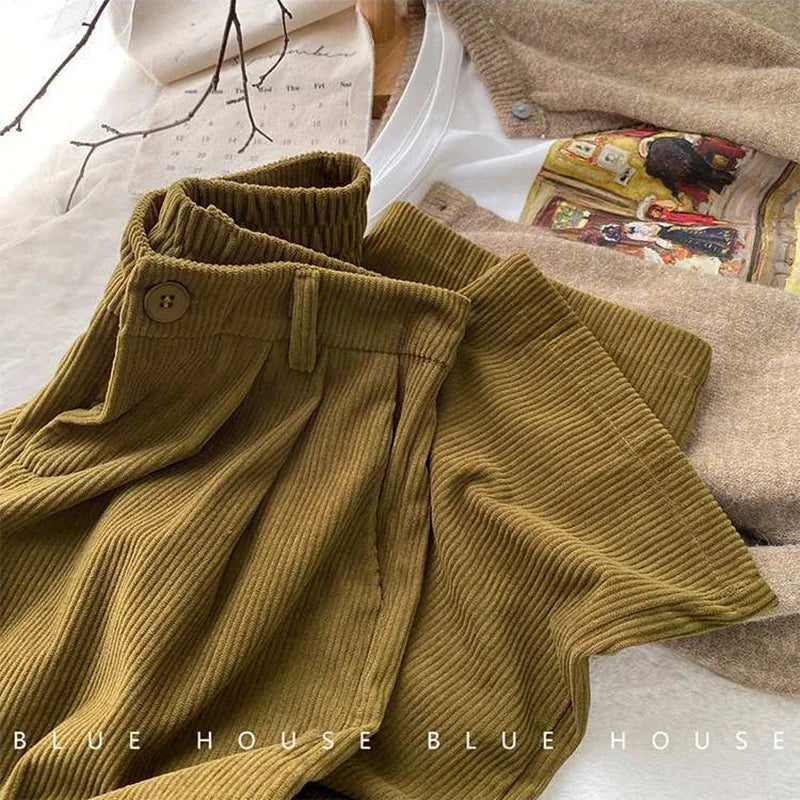 Vintage High Waist Corduroy Pants Women Spring Fall Straight Causal Full Length Trousers Korean Fashion All Match Black Pants