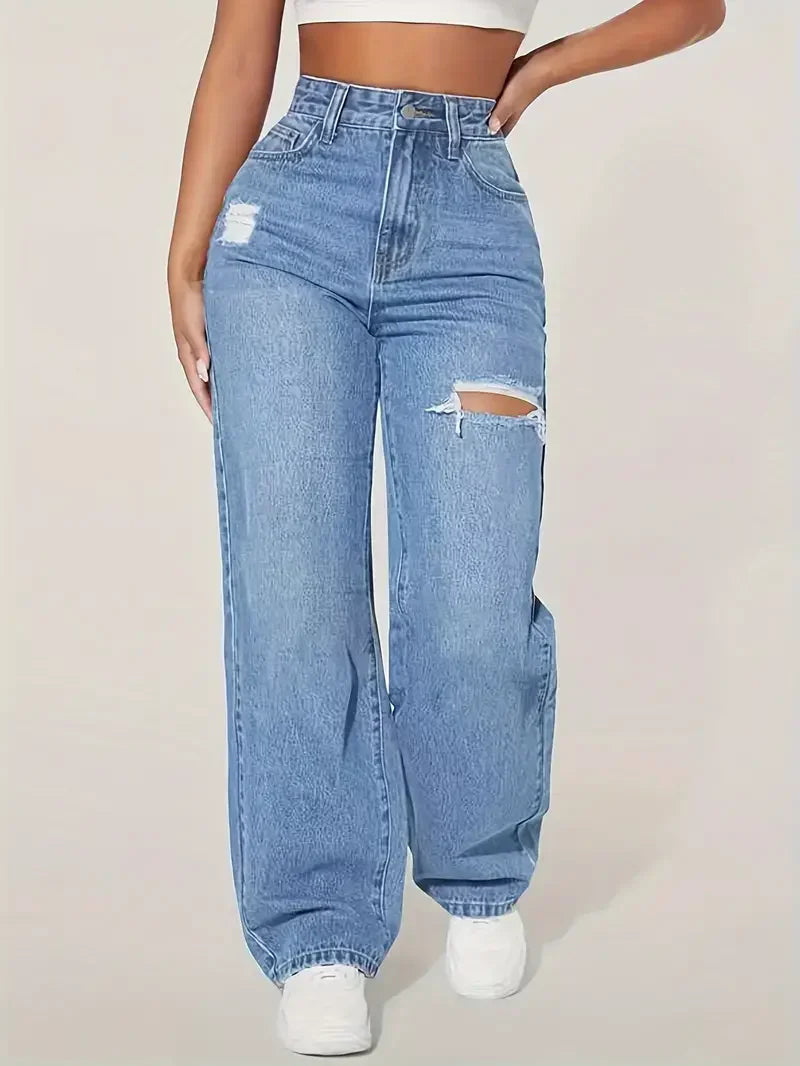 Wide Leg Distressed Straight Jeans for Women Elastic Casual Bootcut Denim Pants Bestseller Fashionable Ladies Jeans