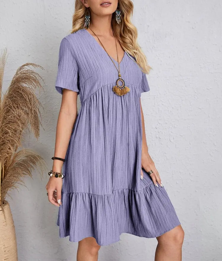 Elegant Solid V Neck A Line Dress 2024 New Summer Ruffles Loose Mini Dress Casual Short Sleeve Beach Party Vestidos Streetwear