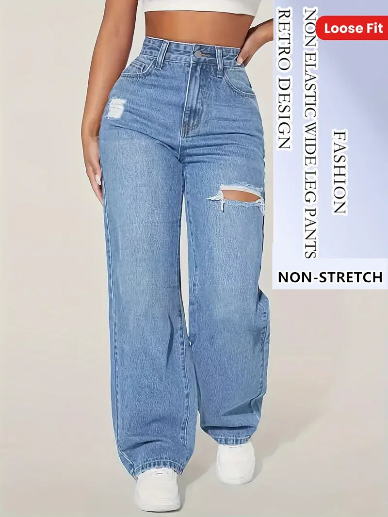 Wide Leg Distressed Straight Jeans for Women Elastic Casual Bootcut Denim Pants Bestseller Fashionable Ladies Jeans