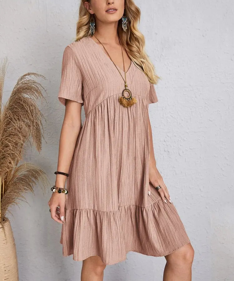 Elegant Solid V Neck A Line Dress 2024 New Summer Ruffles Loose Mini Dress Casual Short Sleeve Beach Party Vestidos Streetwear