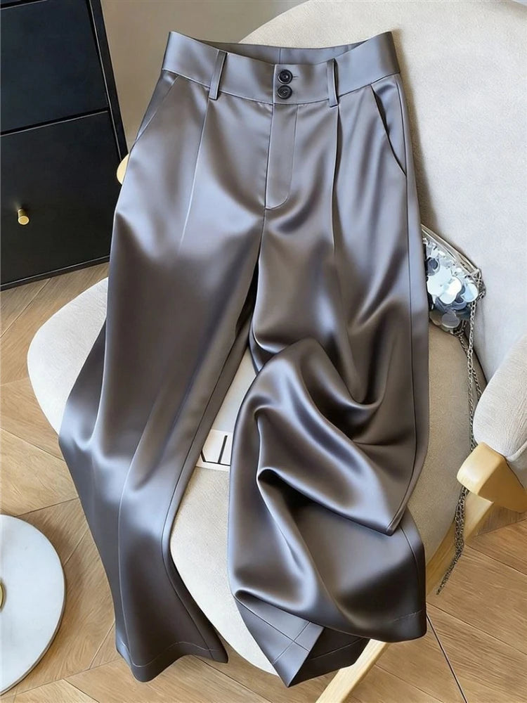 Silk Women's Pants Solid Color Champagne Ladies with Wide Leg Pants New High Waist Breathable Satin Summer Suit Women's Pants