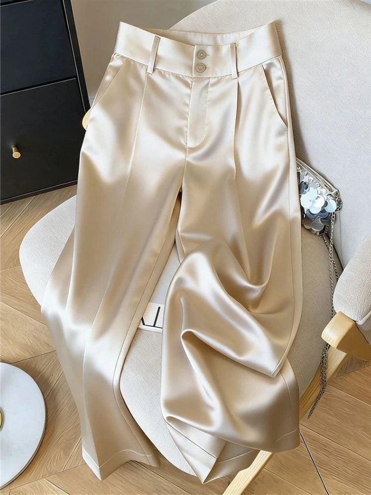 Silk Women's Pants Solid Color Champagne Ladies with Wide Leg Pants New High Waist Breathable Satin Summer Suit Women's Pants