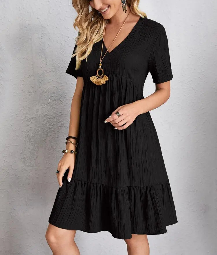 Elegant Solid V Neck A Line Dress 2024 New Summer Ruffles Loose Mini Dress Casual Short Sleeve Beach Party Vestidos Streetwear