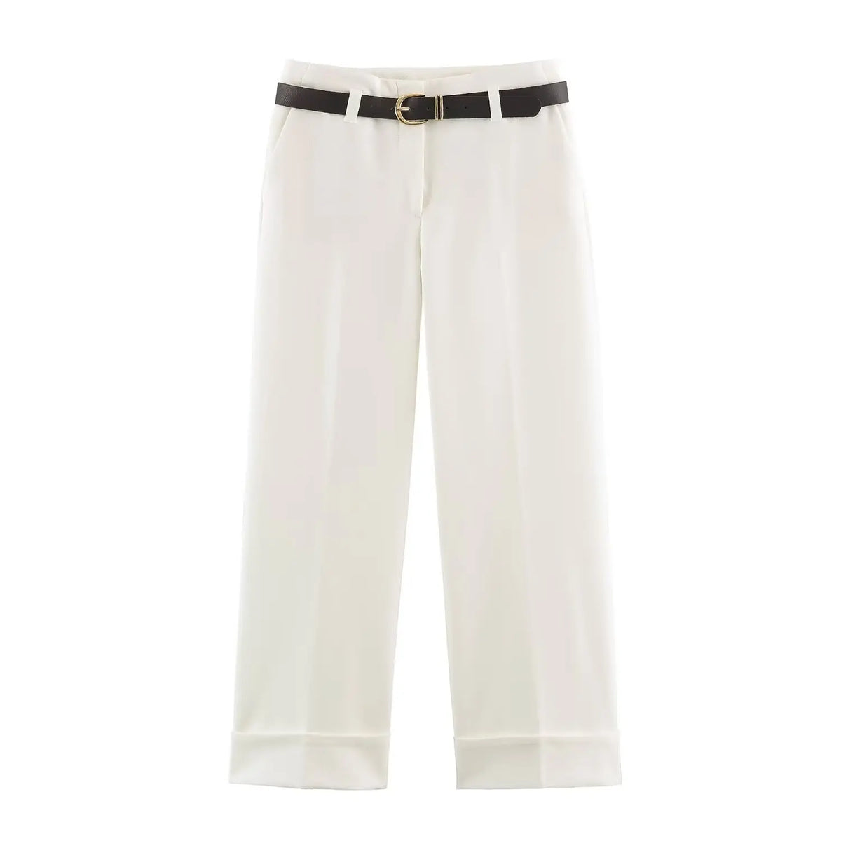 BSAY Women Solid Color Wide Leg Pants High Waist Turn Up Cuff Hem With Metal Buckle Belt Elegant Commuter Casual Long Trousers