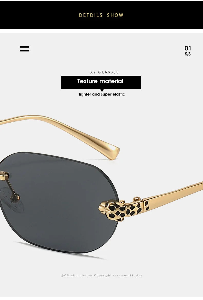Luxury Brand Rimless Sunglasses Men Women Fashion Cheetah Decoration Metal Shades Frameless UV400 Shades Street Photography