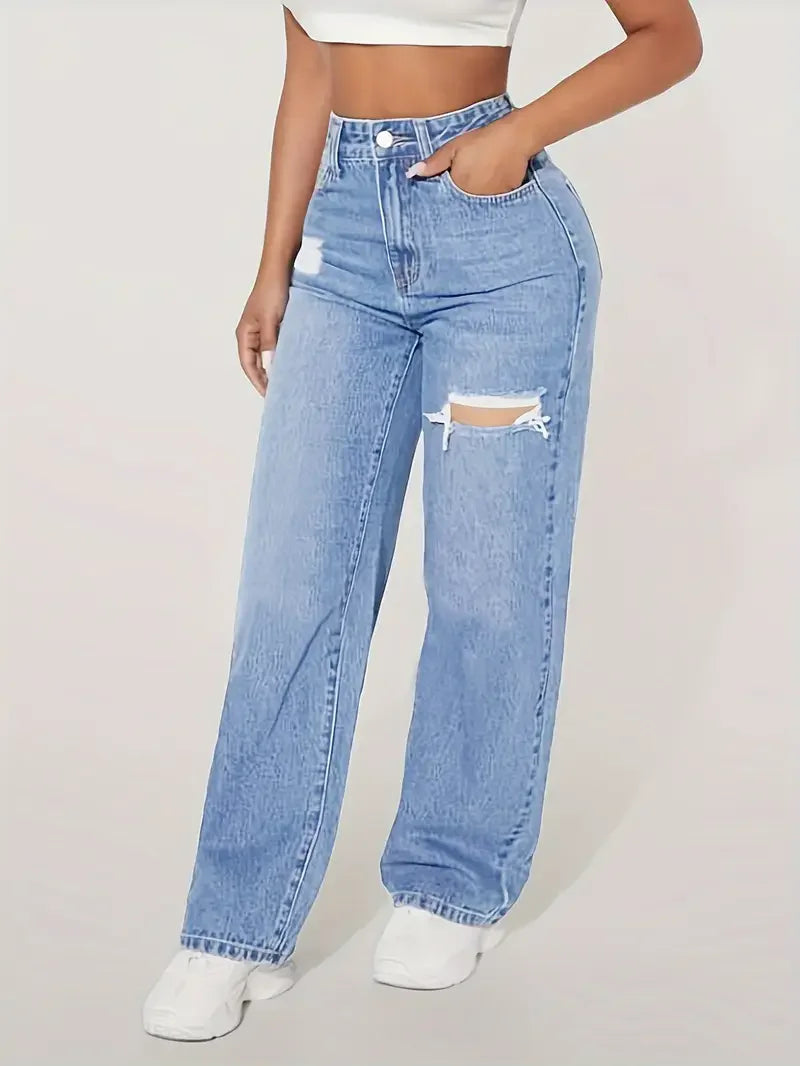 Wide Leg Distressed Straight Jeans for Women Elastic Casual Bootcut Denim Pants Bestseller Fashionable Ladies Jeans