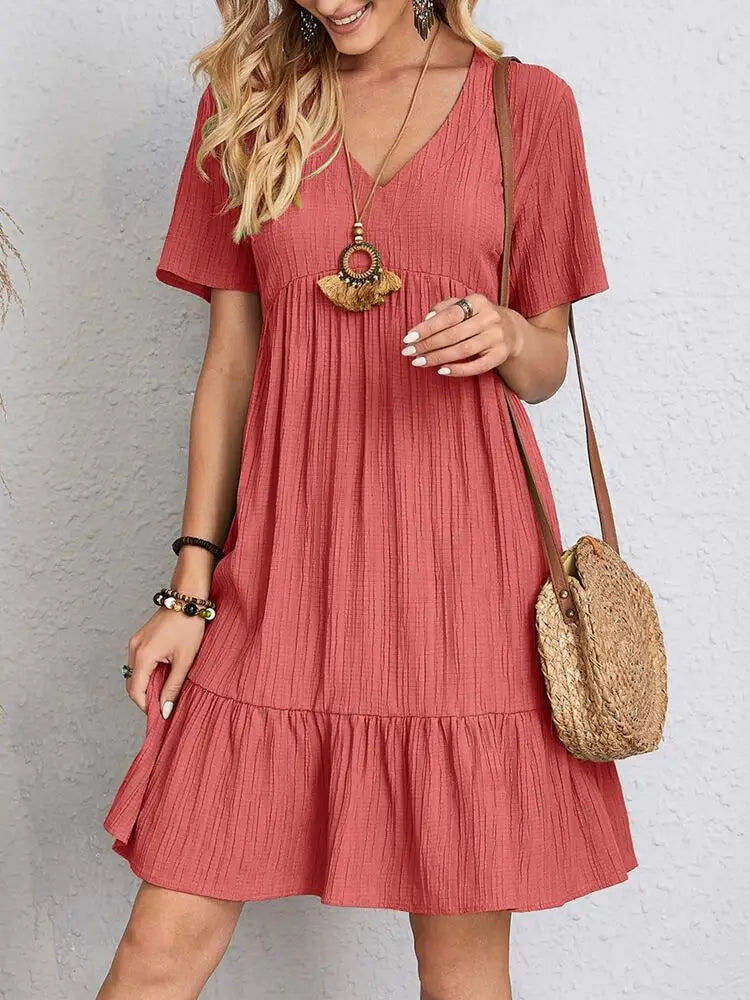 Elegant Solid V Neck A Line Dress 2024 New Summer Ruffles Loose Mini Dress Casual Short Sleeve Beach Party Vestidos Streetwear
