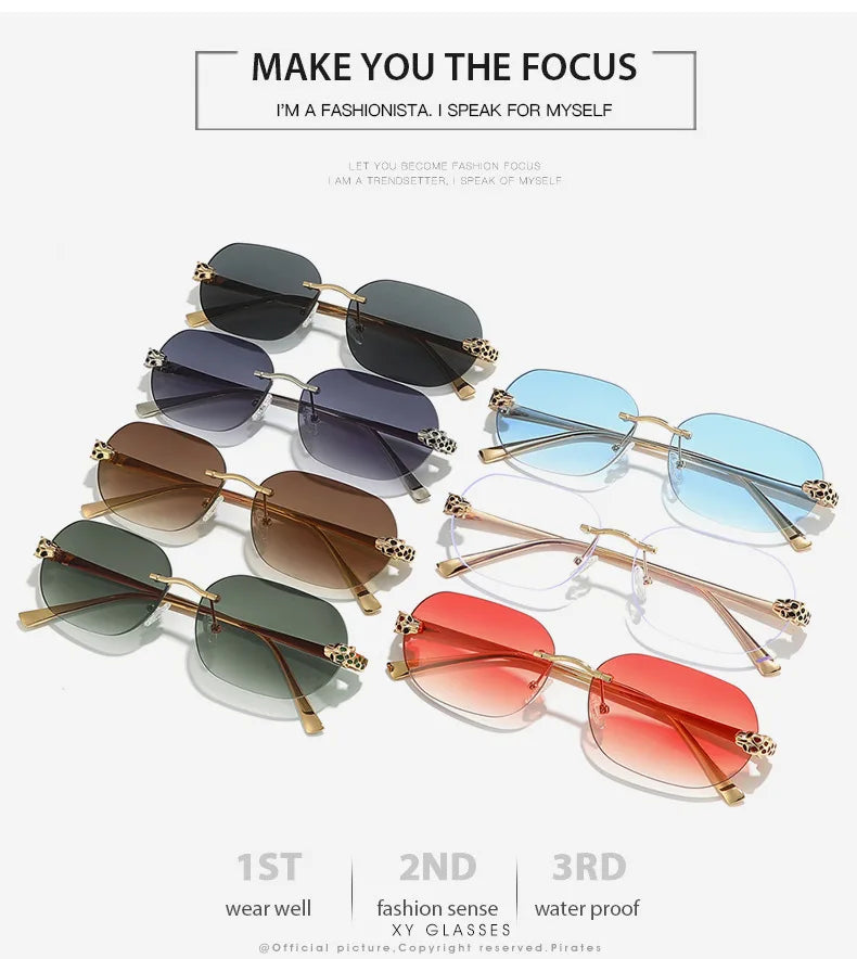 Luxury Brand Rimless Sunglasses Men Women Fashion Cheetah Decoration Metal Shades Frameless UV400 Shades Street Photography