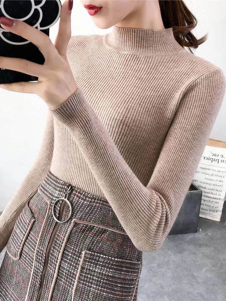 Winter Mock Neck Basic Solid Knitted Tops